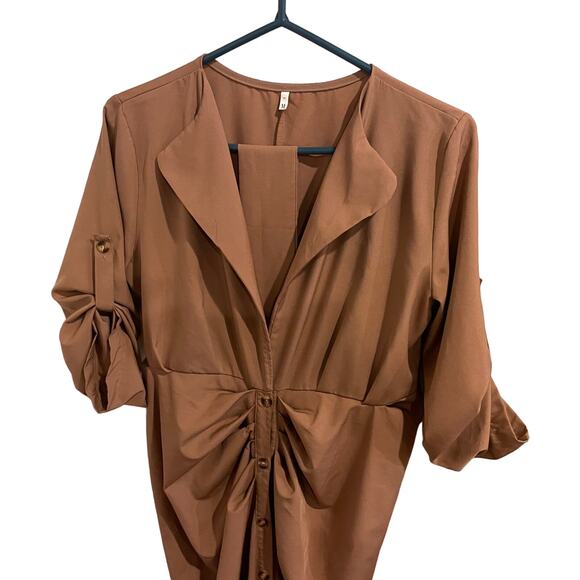 Amazon Tan Button Ruched Bandage Shirt Maxi Dress Size Medium - Picture 3 of 6